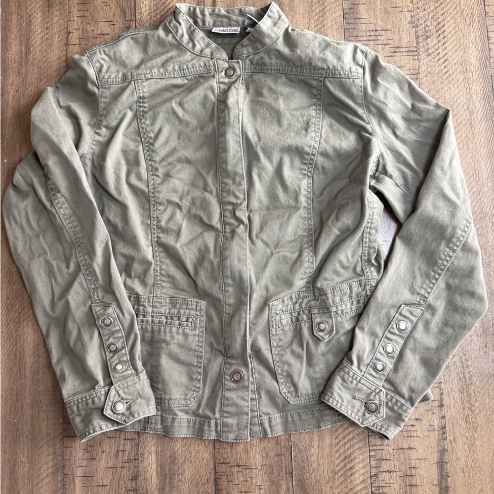 Chico's Green Jean Jacket with Collared Neckline and Relaxed Fit